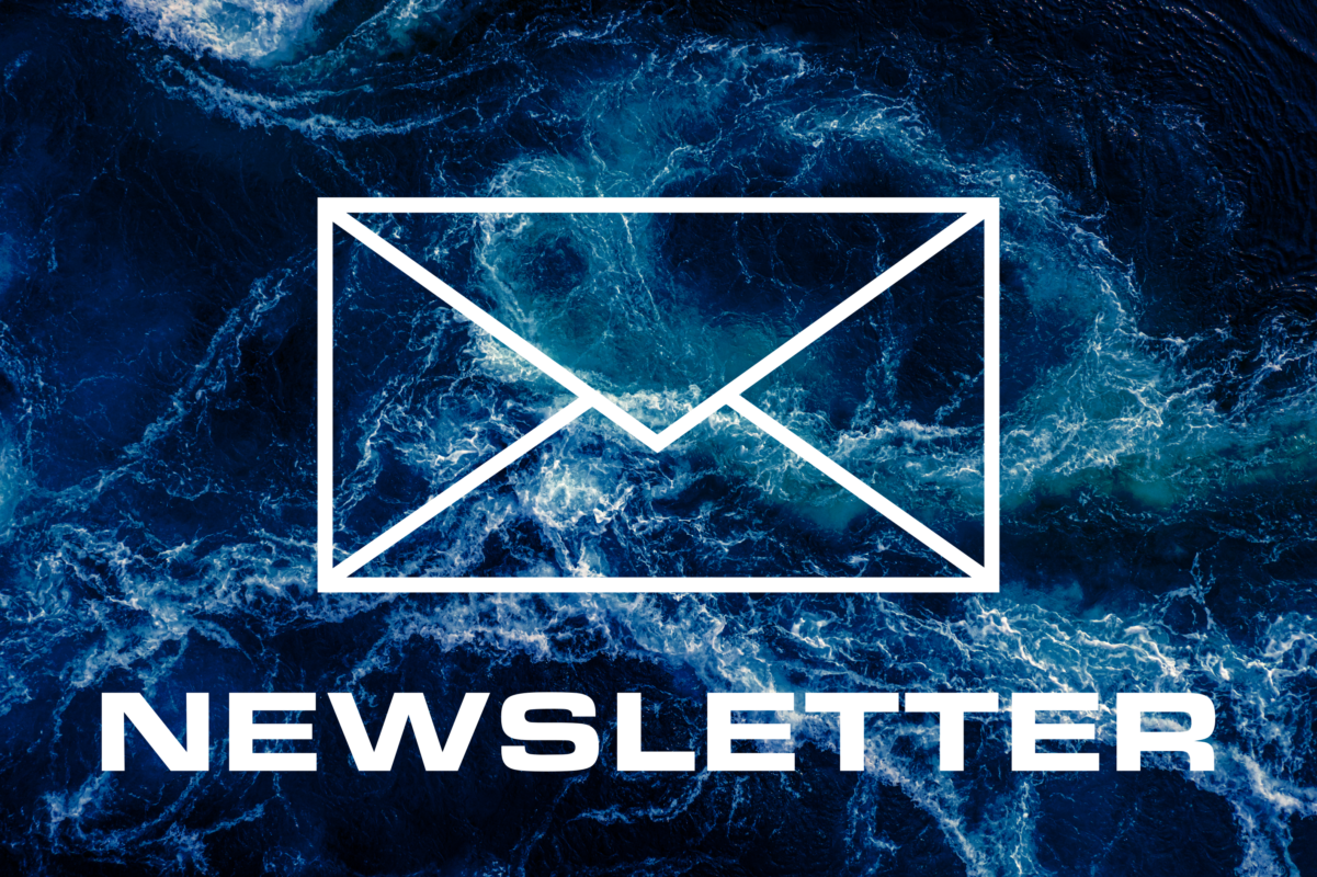 newsletter text and graphic overtop a blue ocean