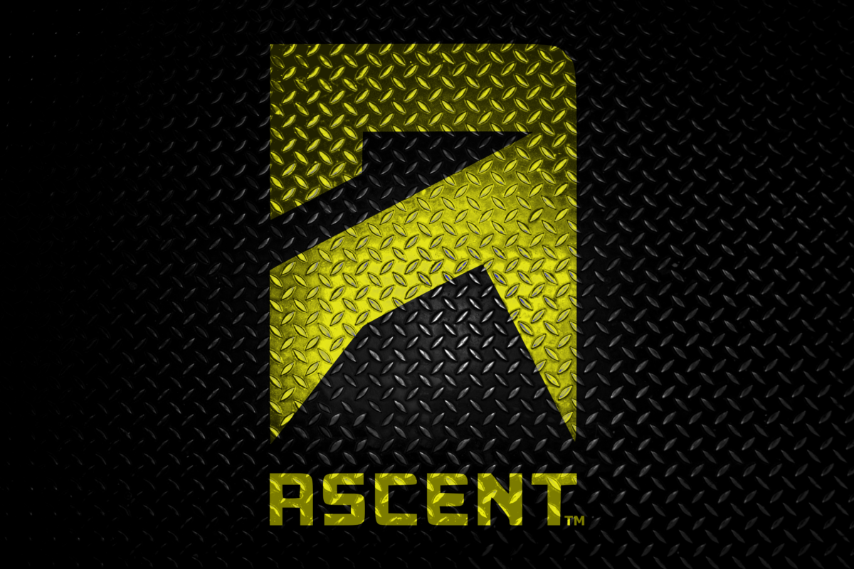 yellow ascent protein logo imposed on a black diamond plate background